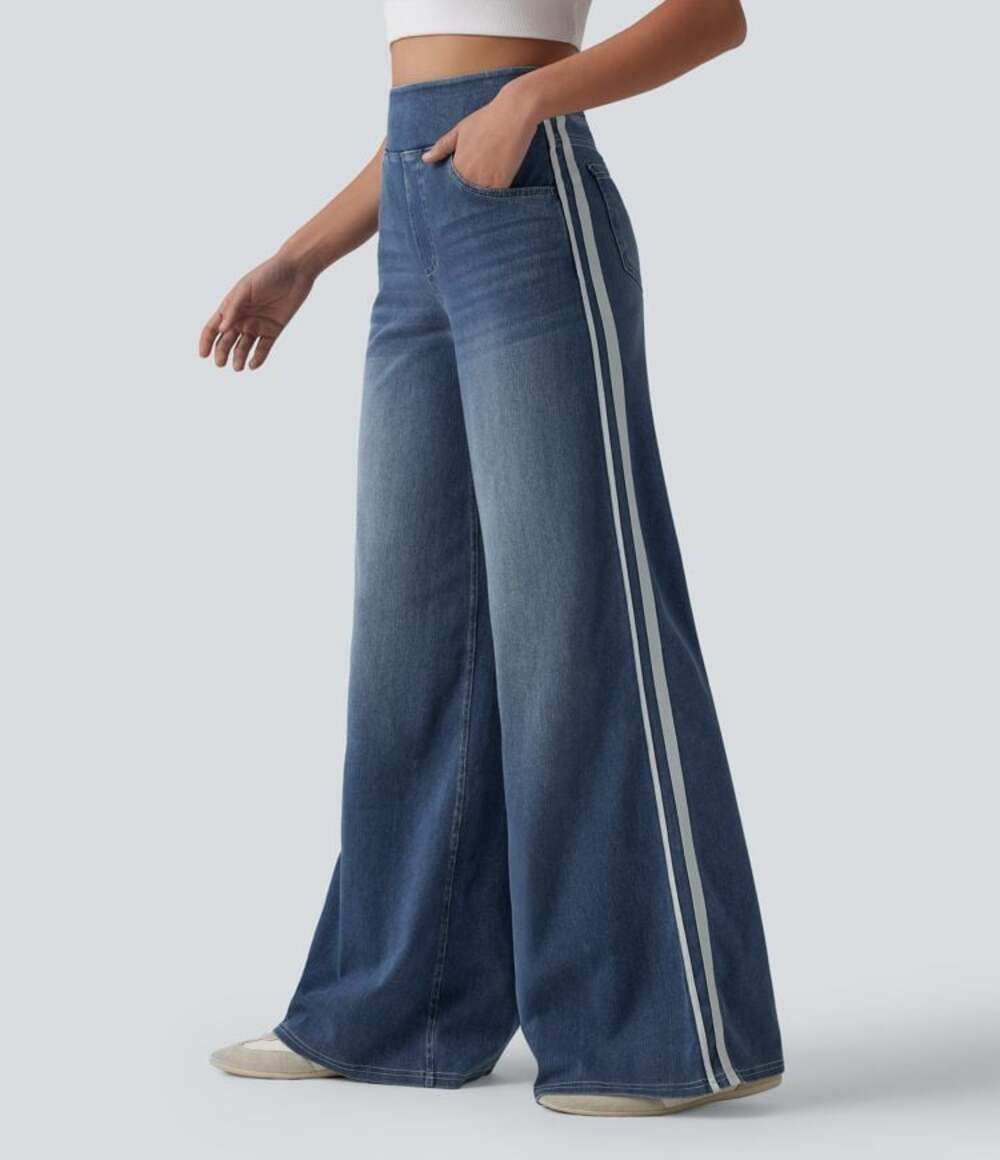 Halara Flex High Waisted Stripe Wide Leg Baggy Jeans Women's Tide Blue Denim